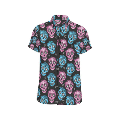 Day of the Dead Skull Print Pattern Men's Short Sleeve Button Up Shirt