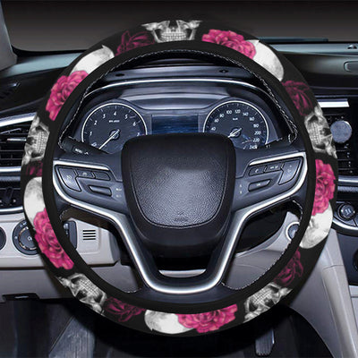 Pink Rose Skull Themed Print Steering Wheel Cover with Elastic Edge