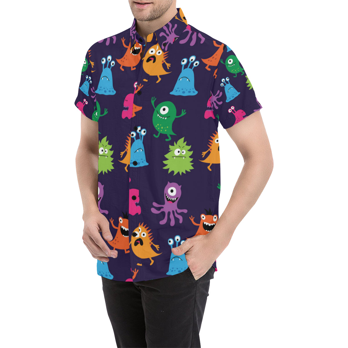 Monster Cartoon Pattern Print Design 02 Men's Short Sleeve Button Up Shirt