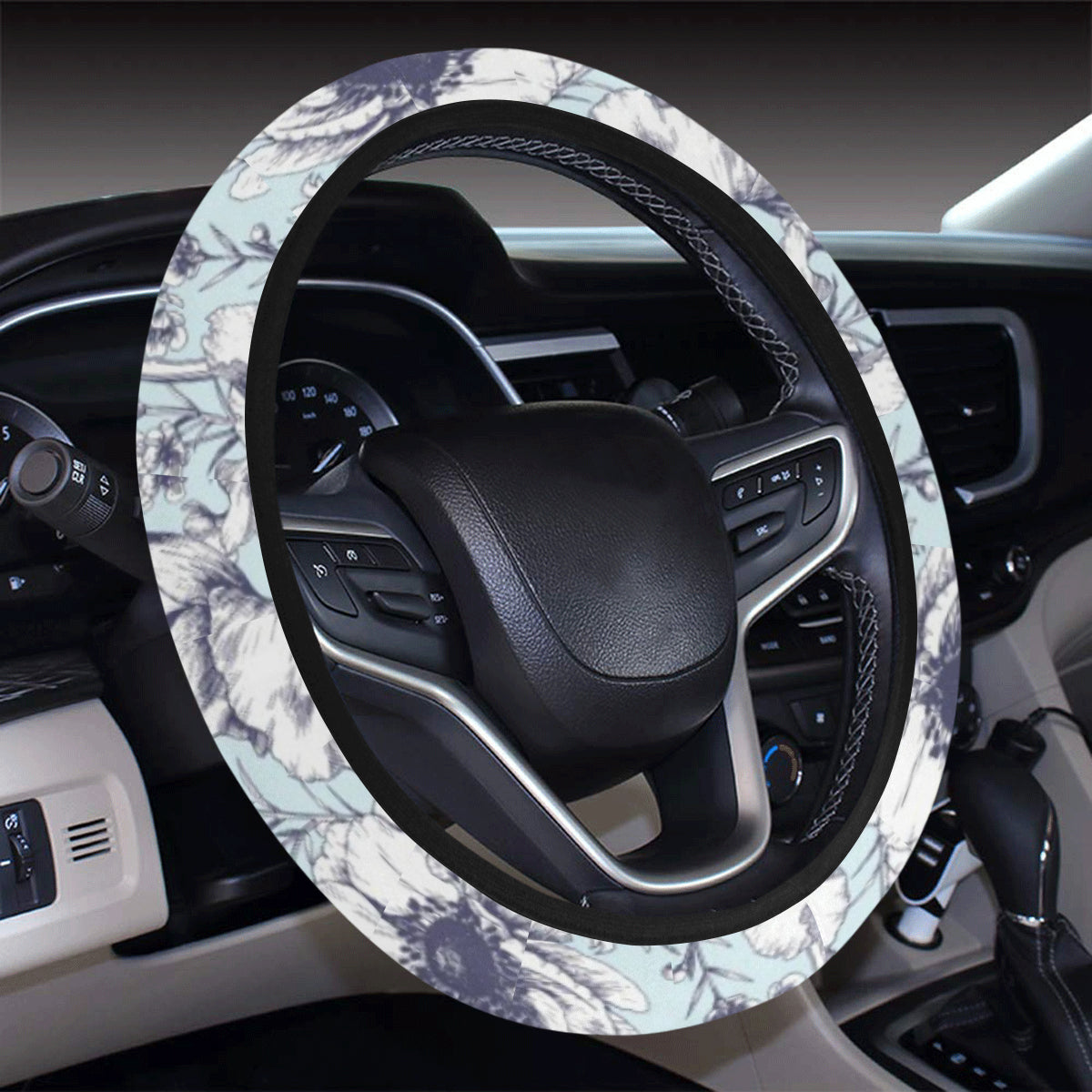 Anemone Pattern Print Design 02 Steering Wheel Cover with Elastic Edge