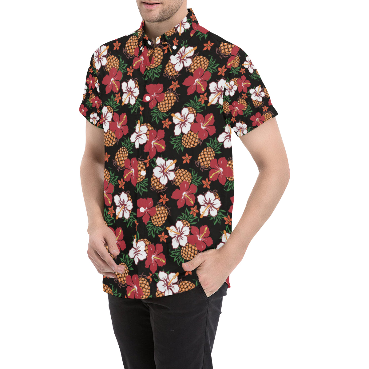 Hawaiian Themed Pattern Print Design H013 Men's Short Sleeve Button Up Shirt