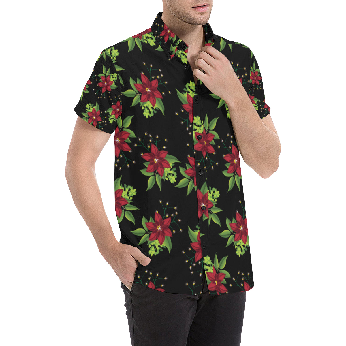 Poinsettia Pattern Print Design A01 Men's Short Sleeve Button Up Shirt