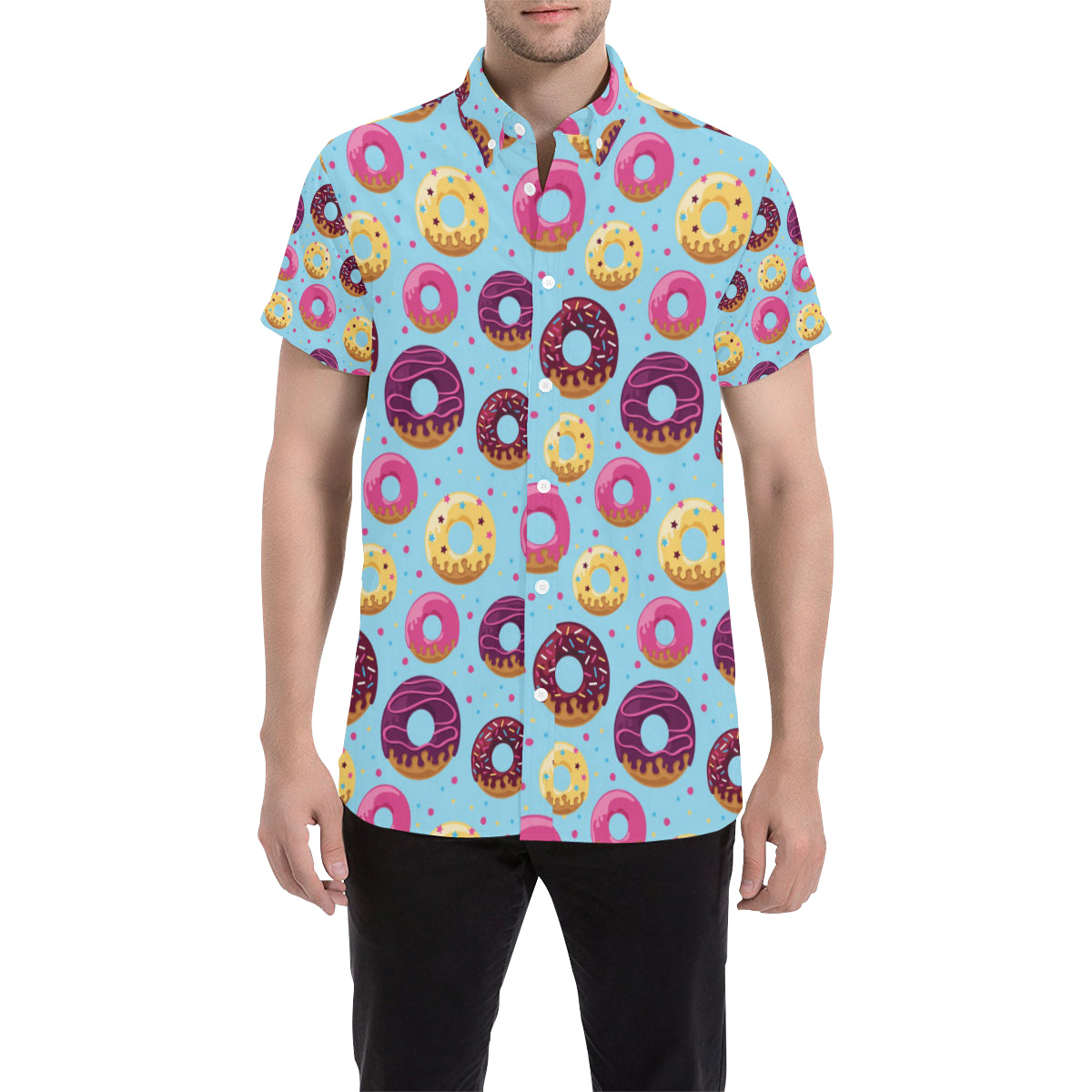 Donut Pattern Print Design DN07 Men's Short Sleeve Button Up Shirt