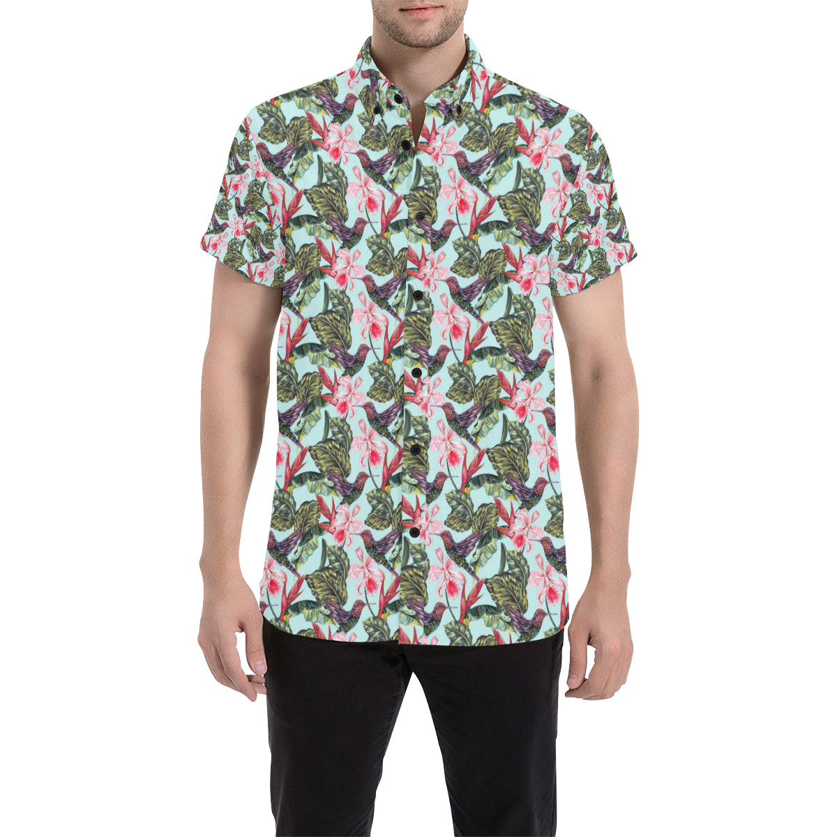 Hummingbird Cute Themed Print Men's Short Sleeve Button Up Shirt