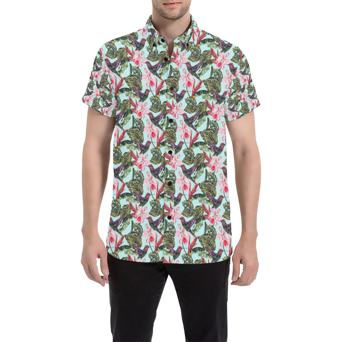Hummingbird Cute Themed Print Men's Short Sleeve Button Up Shirt