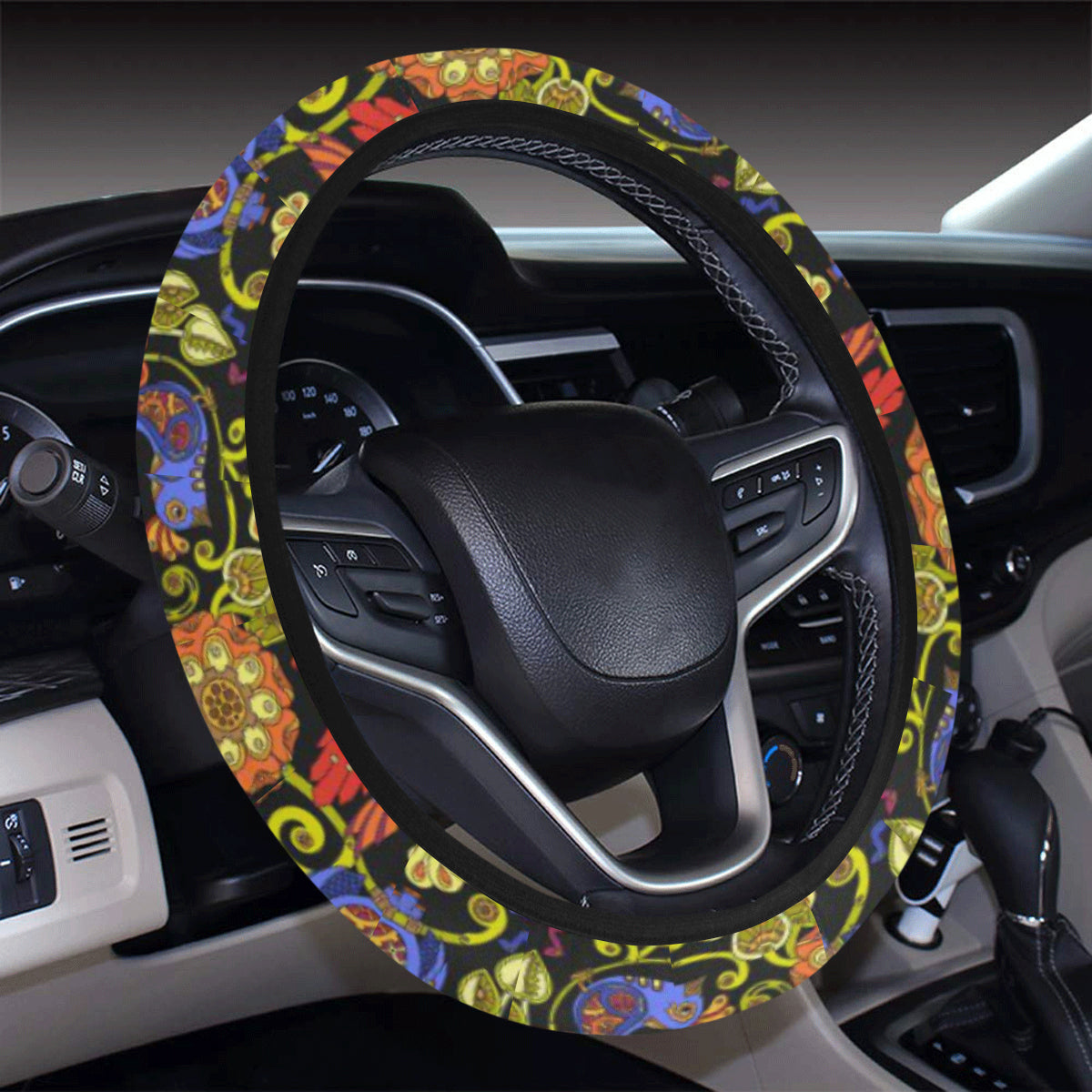 Steampunk Bird Design Themed Print Steering Wheel Cover with Elastic Edge