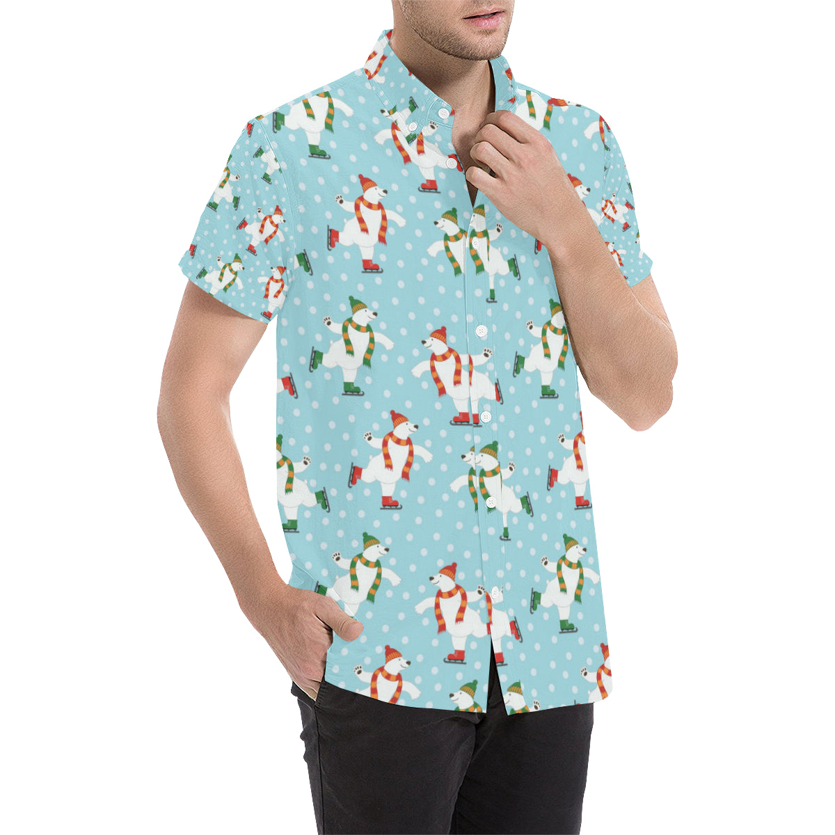 Polar Bear Pattern Print Design PB07 Men's Short Sleeve Button Up Shirt