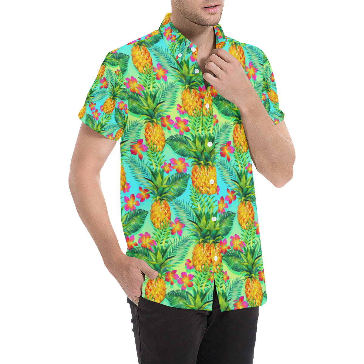 Pineapple Pattern Print Design PP010 Men's Short Sleeve Button Up Shirt