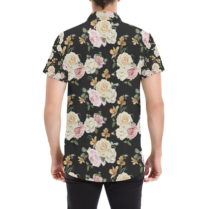 Rose Pattern Print Design A01 Men's Short Sleeve Button Up Shirt