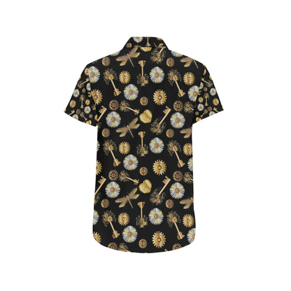 Steampunk Dragonfly Design Themed Print Men's Short Sleeve Button Up Shirt