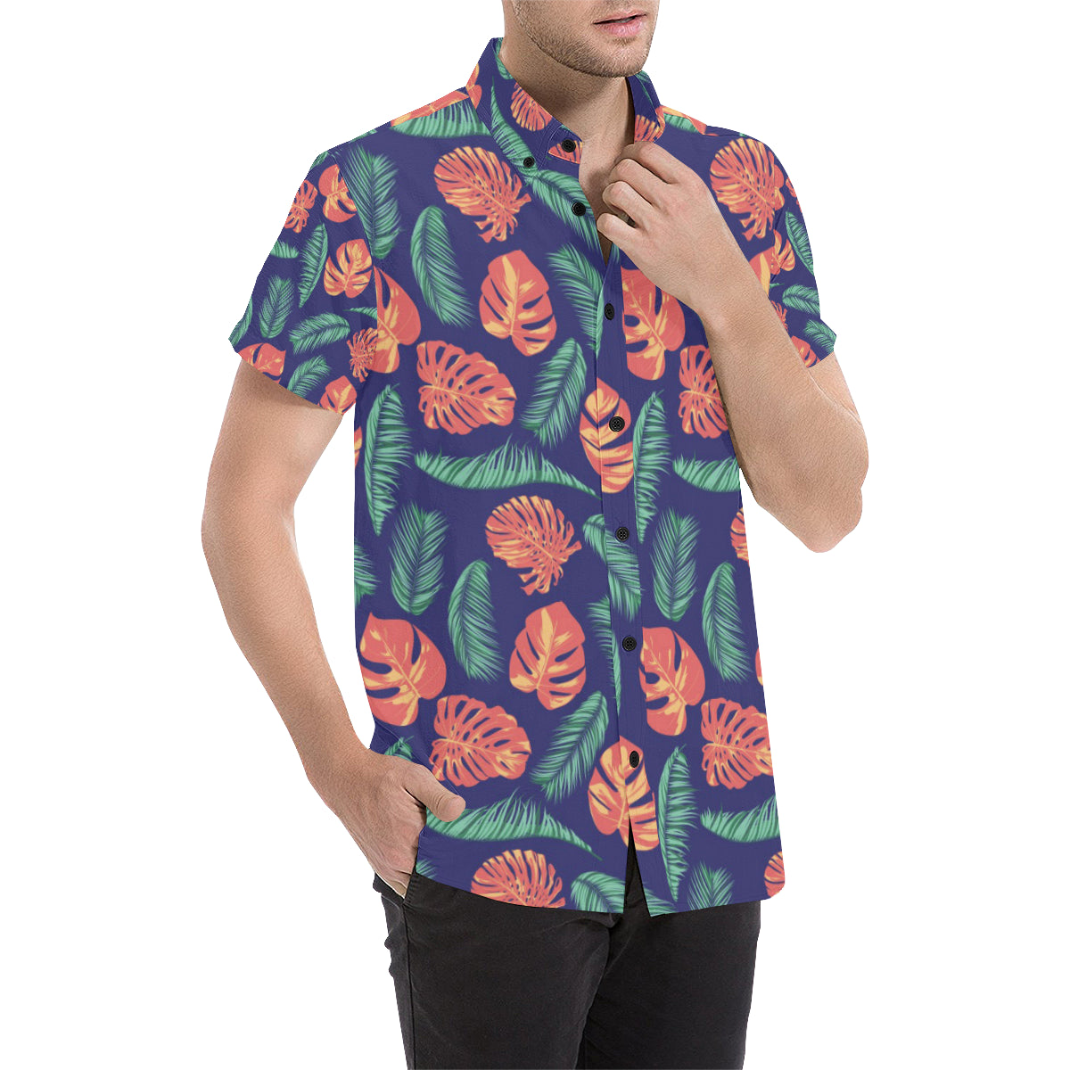 Palm Leaves Pattern Print Design PL011 Men's Short Sleeve Button Up Shirt