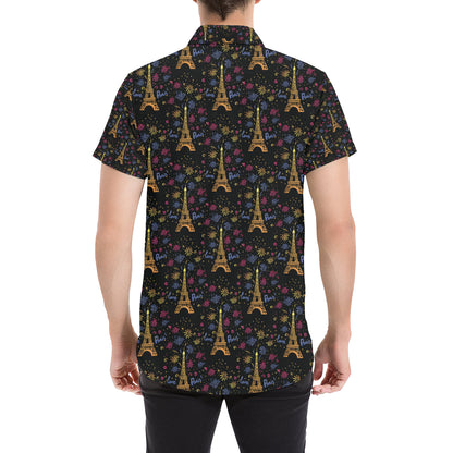 Eiffel Tower Love Paris Print Men's Short Sleeve Button Up Shirt