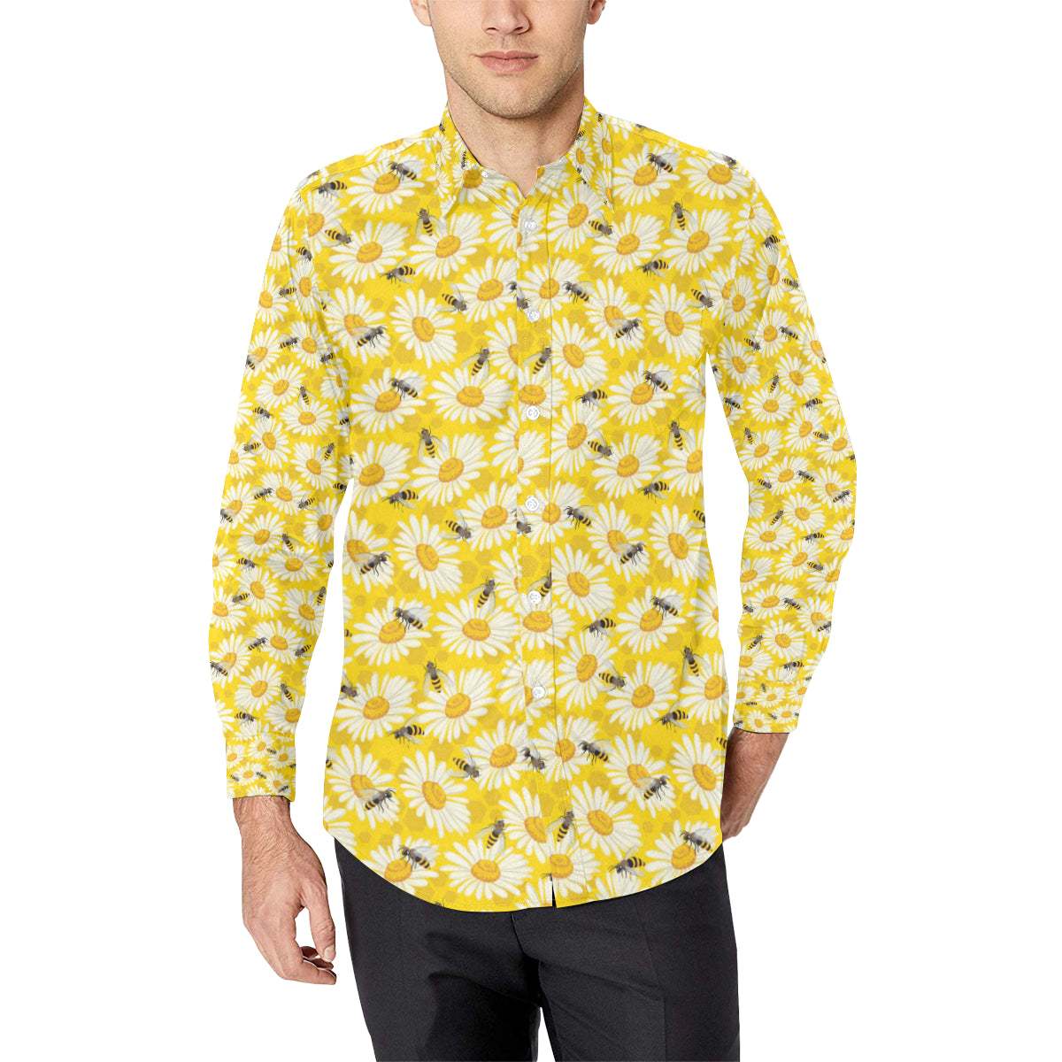 Bee Daisy Pattern Print Design 06 Men's Long Sleeve Shirt