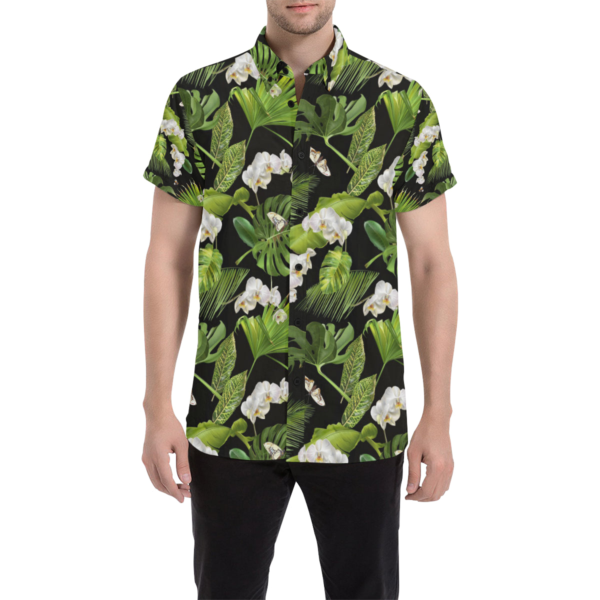 Tropical Flower Pattern Print Design TF026 Men's Short Sleeve Button Up Shirt