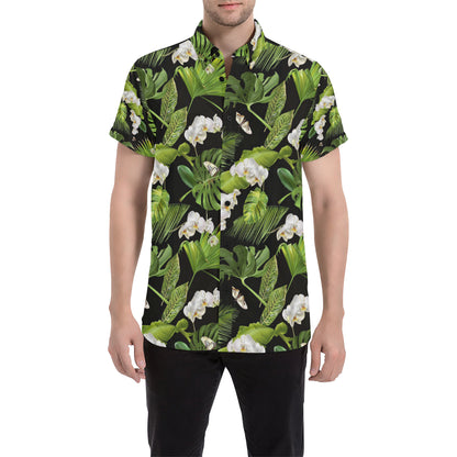Tropical Flower Pattern Print Design TF026 Men's Short Sleeve Button Up Shirt