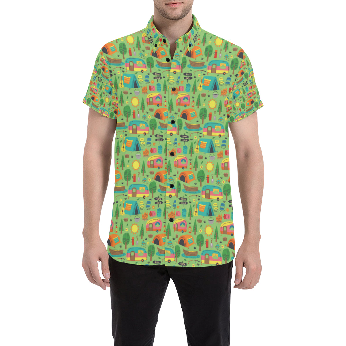 Camping Camper Pattern Print Design 04 Men's Short Sleeve Button Up Shirt