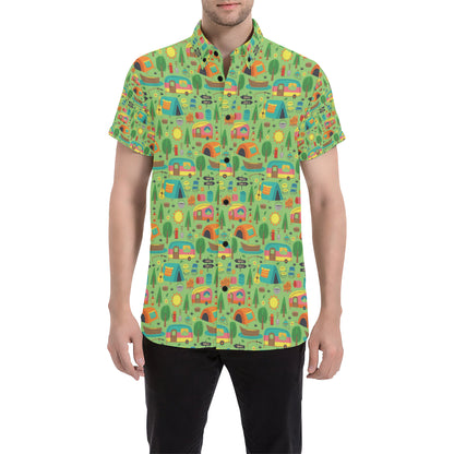 Camping Camper Pattern Print Design 04 Men's Short Sleeve Button Up Shirt