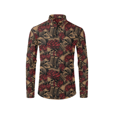 Microphone Skull Rose Pattern Print Design 02 Men's Long Sleeve Shirt