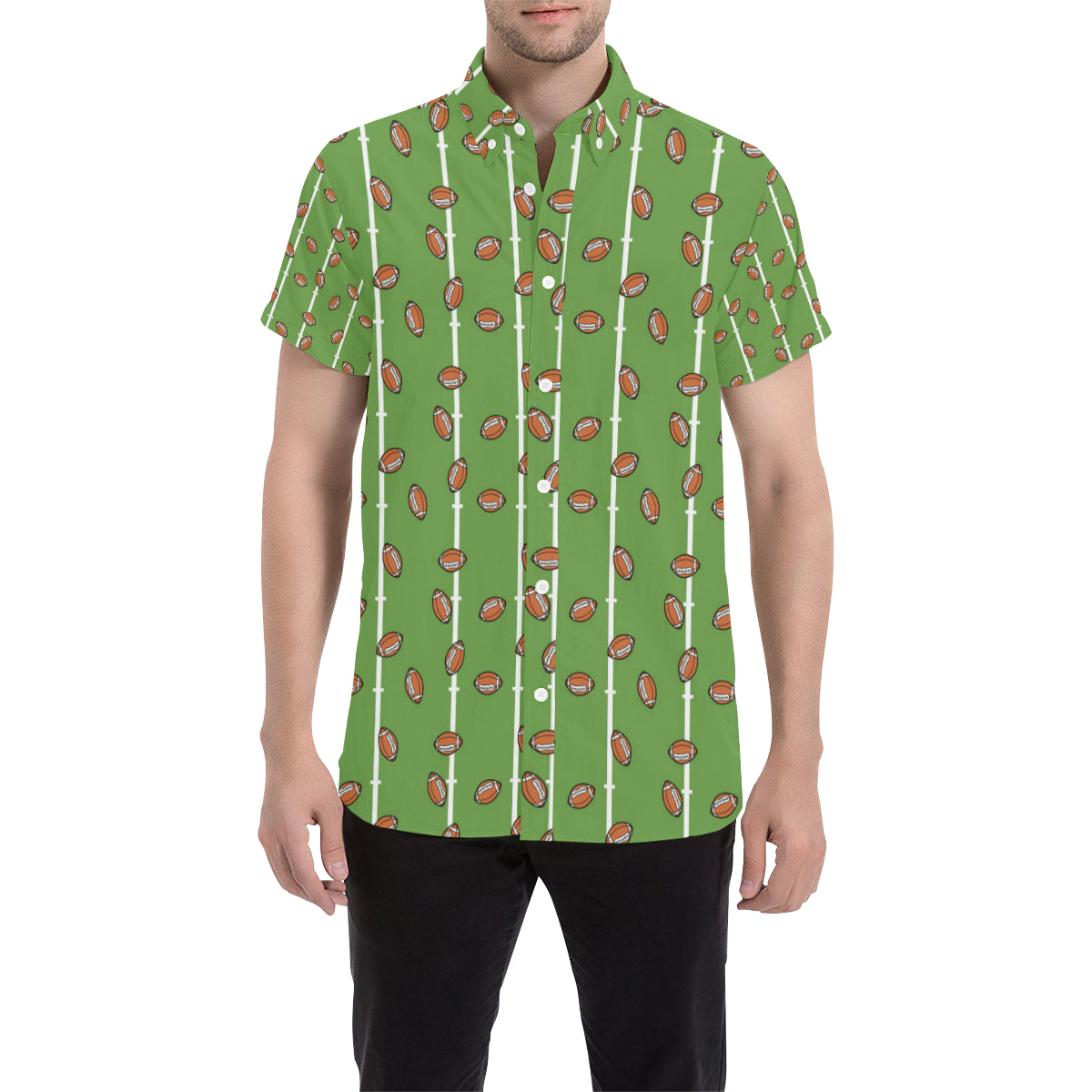 American Football on Field Themed Print Men's Short Sleeve Button Up Shirt