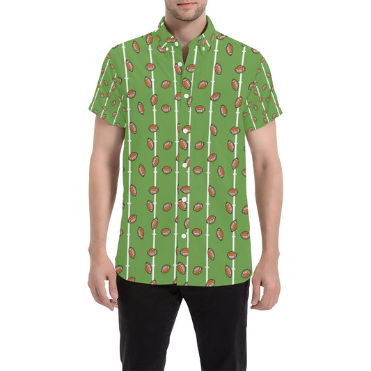 American Football on Field Themed Print Men's Short Sleeve Button Up Shirt