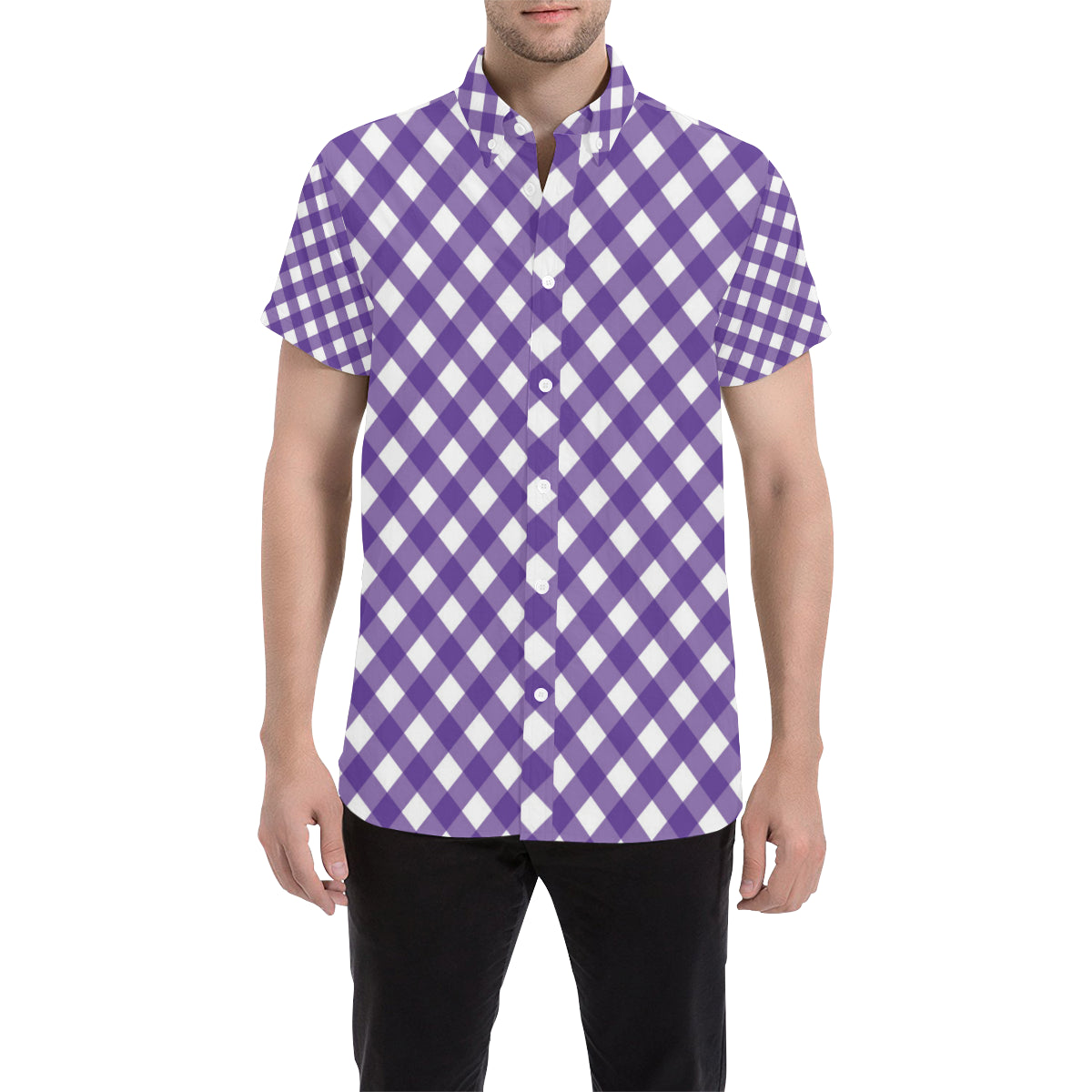Gingham Purple Pattern Print Design 03 Men's Short Sleeve Button Up Shirt