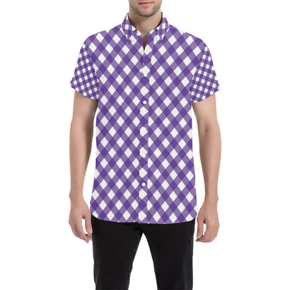 Gingham Purple Pattern Print Design 03 Men's Short Sleeve Button Up Shirt