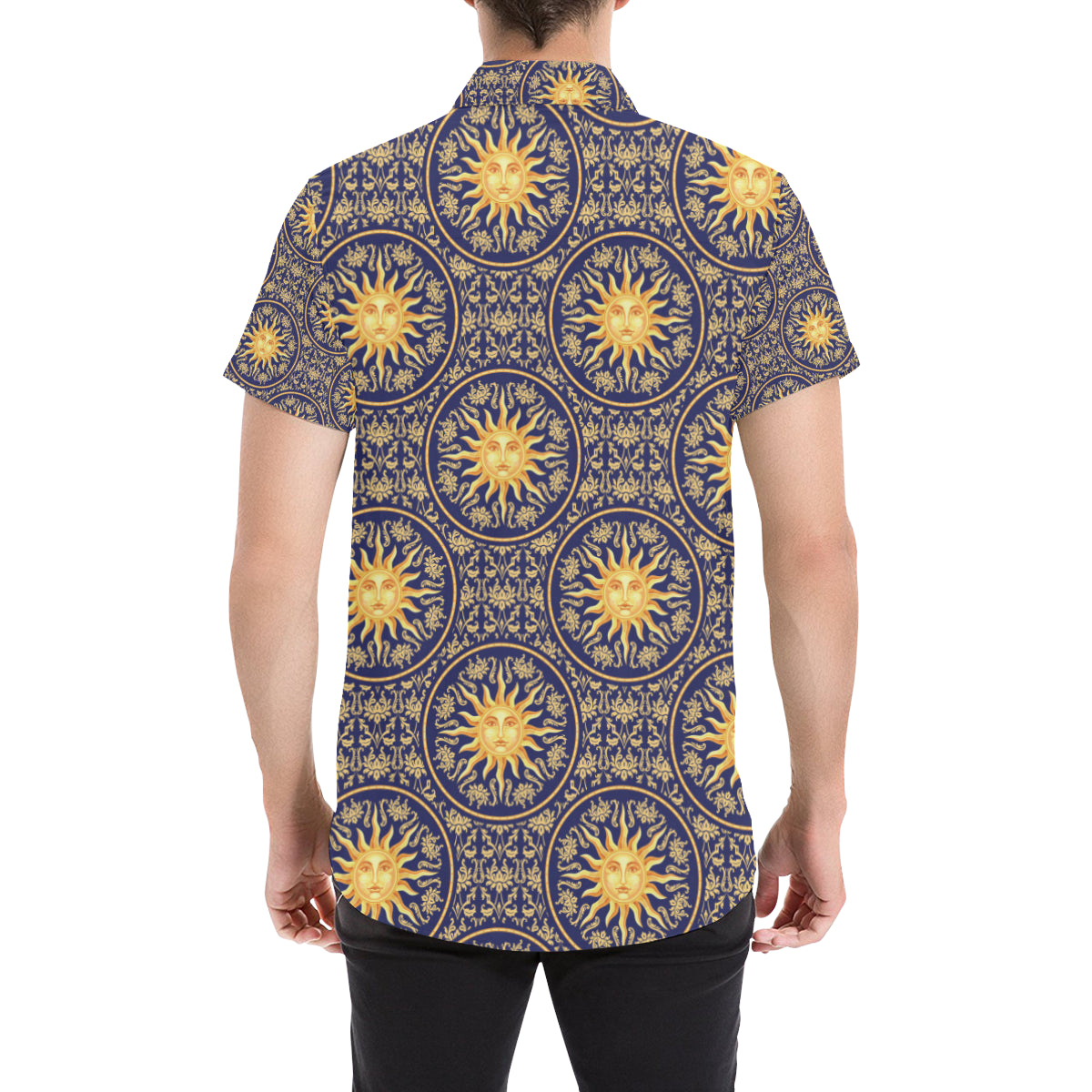 Celestial Gold Sun Face Men's Short Sleeve Button Up Shirt
