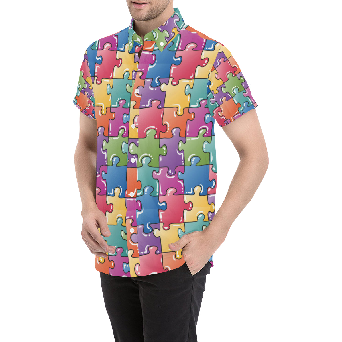 Puzzle Pattern Print Design A05 Men's Short Sleeve Button Up Shirt