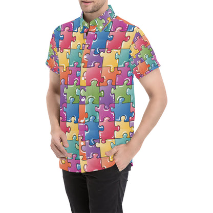Puzzle Pattern Print Design A05 Men's Short Sleeve Button Up Shirt
