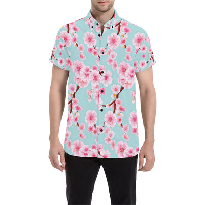 Cherry Blossom Pattern Print Design CB04 Men's Short Sleeve Button Up Shirt