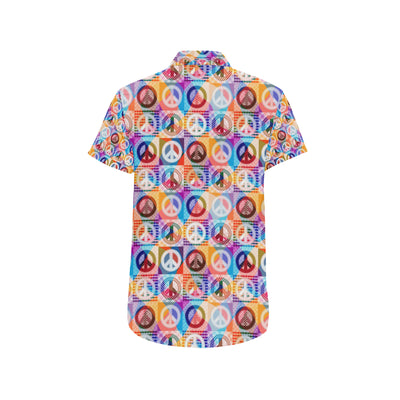 Peace Sign Patchwork Design Print Men's Short Sleeve Button Up Shirt