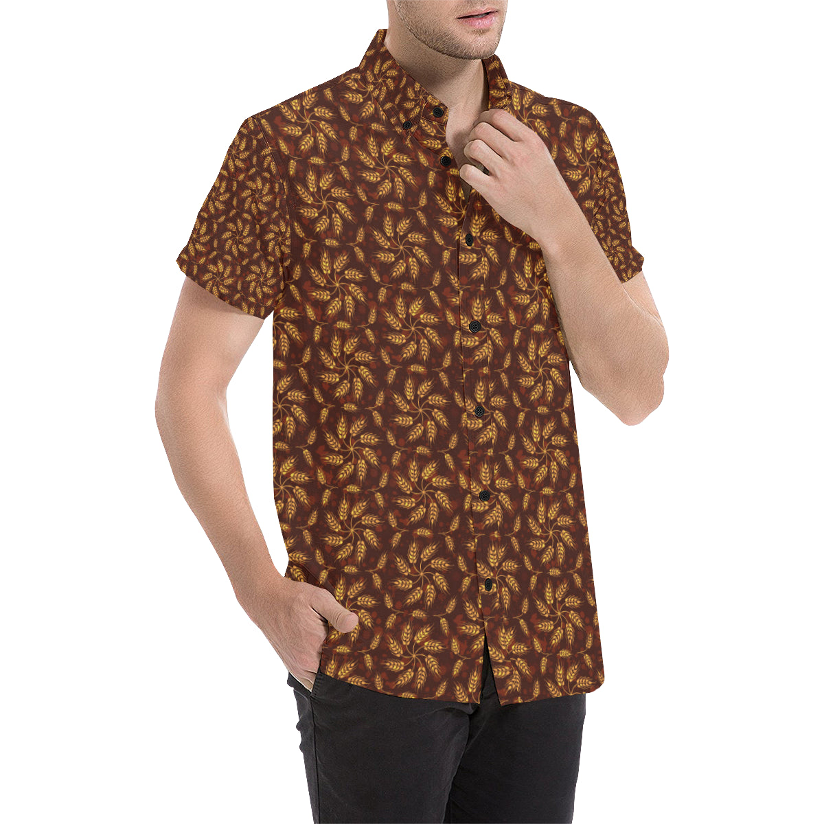 Agricultural Brown Wheat Print Pattern Men's Short Sleeve Button Up Shirt