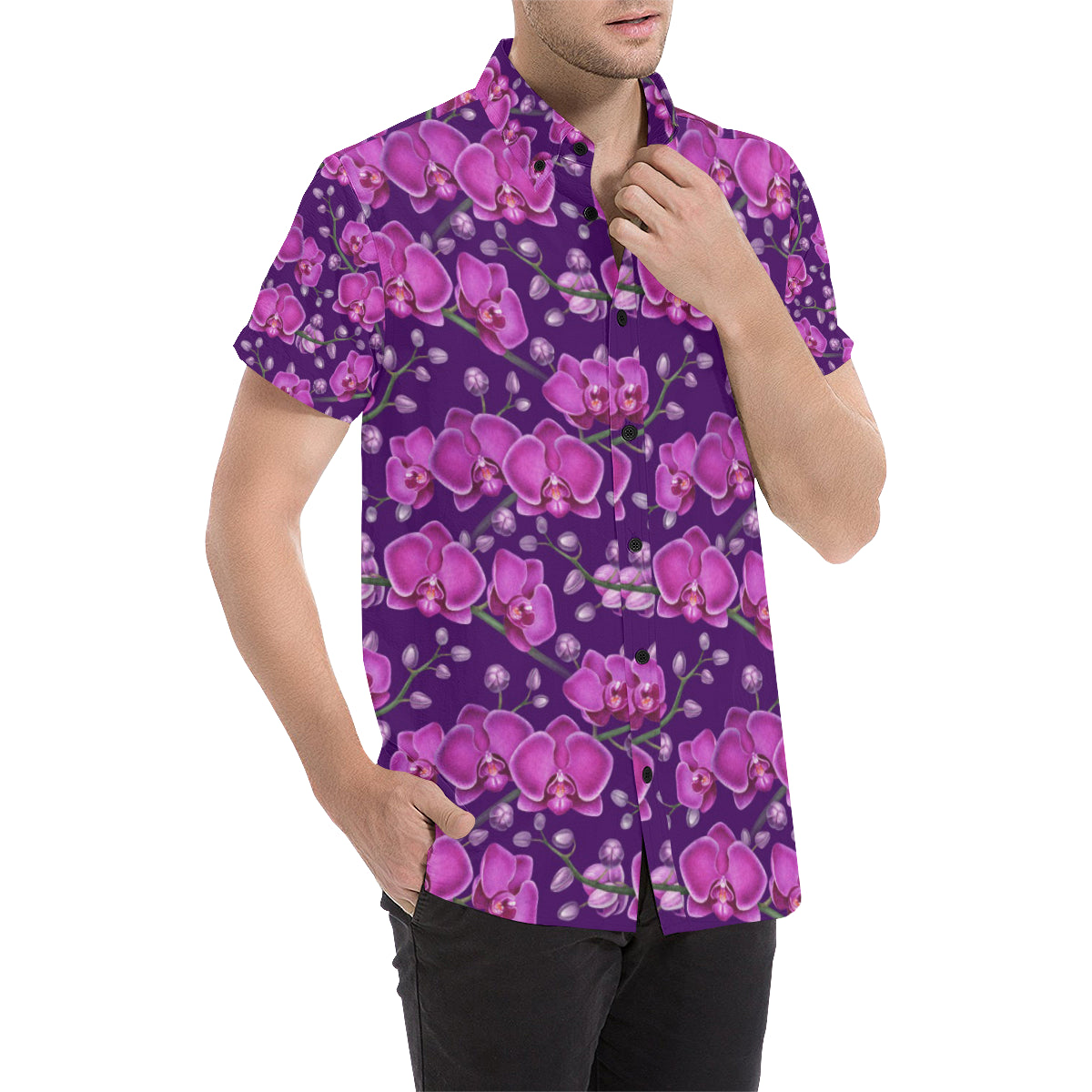 Orchid Purple Pattern Print Design OR02 Men's Short Sleeve Button Up Shirt