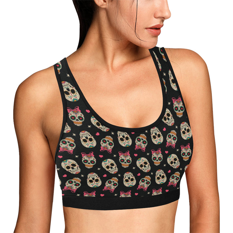 Sugar Skull Pink Bow Themed Print Sports Bra