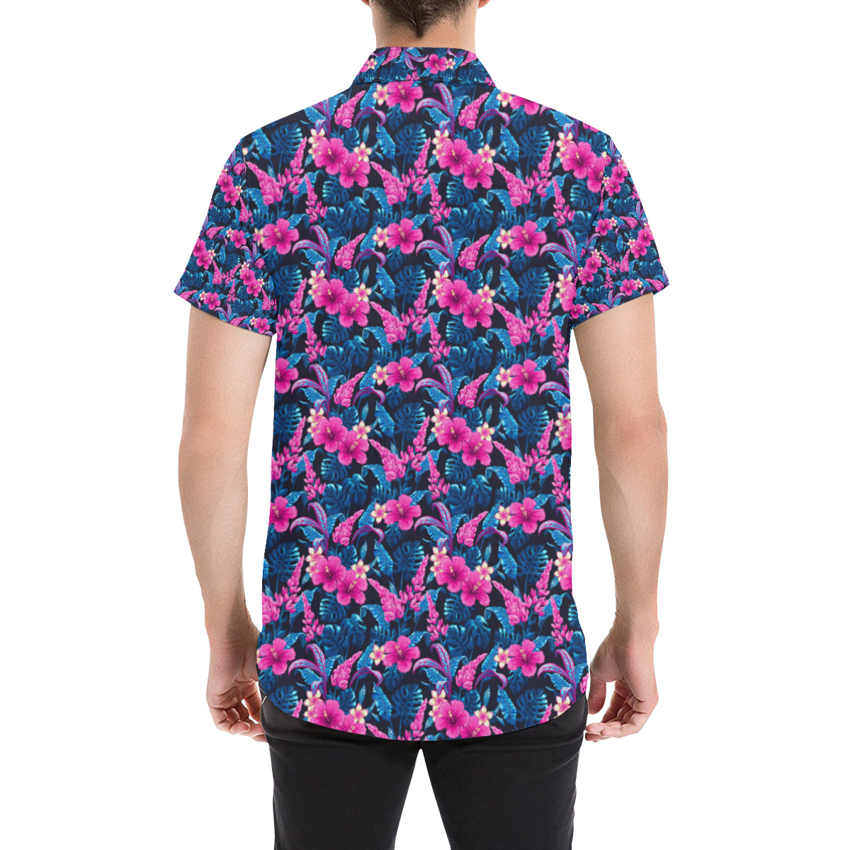 Tropical Folower Pink Themed Print Men's Short Sleeve Button Up Shirt
