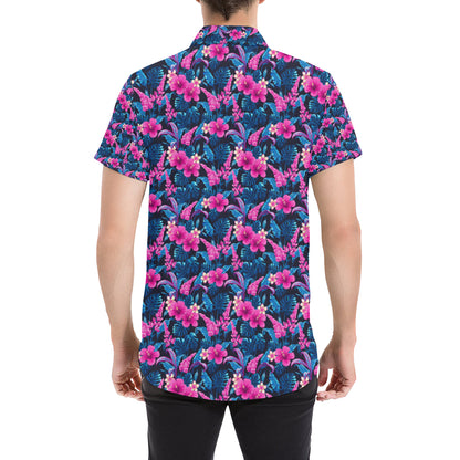 Tropical Folower Pink Themed Print Men's Short Sleeve Button Up Shirt