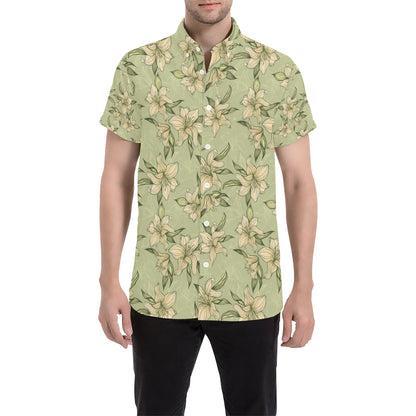 Lily Pattern Print Design LY06 Men's Short Sleeve Button Up Shirt