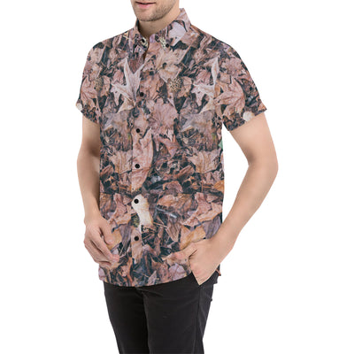 Camouflage Realistic Tree Leaf Print Men's Short Sleeve Button Up Shirt