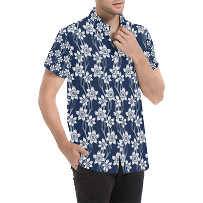 Daffodils Pattern Print Design DF09 Men's Short Sleeve Button Up Shirt