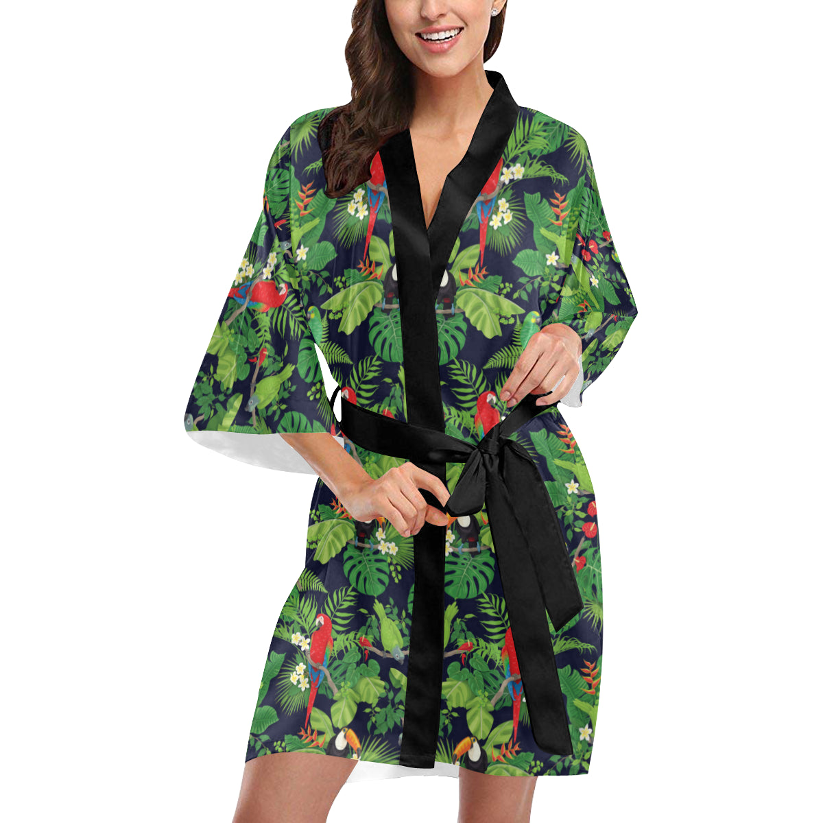 Rainforest Parrot Pattern Print Design A03 Women's Short Kimono