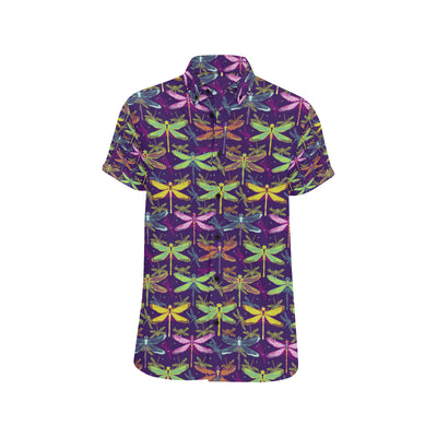 Dragonfly Neon Color Print Pattern Men's Short Sleeve Button Up Shirt