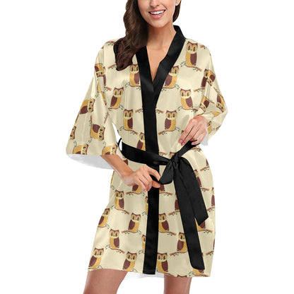 Owl Pattern Print Design A07 Women's Short Kimono