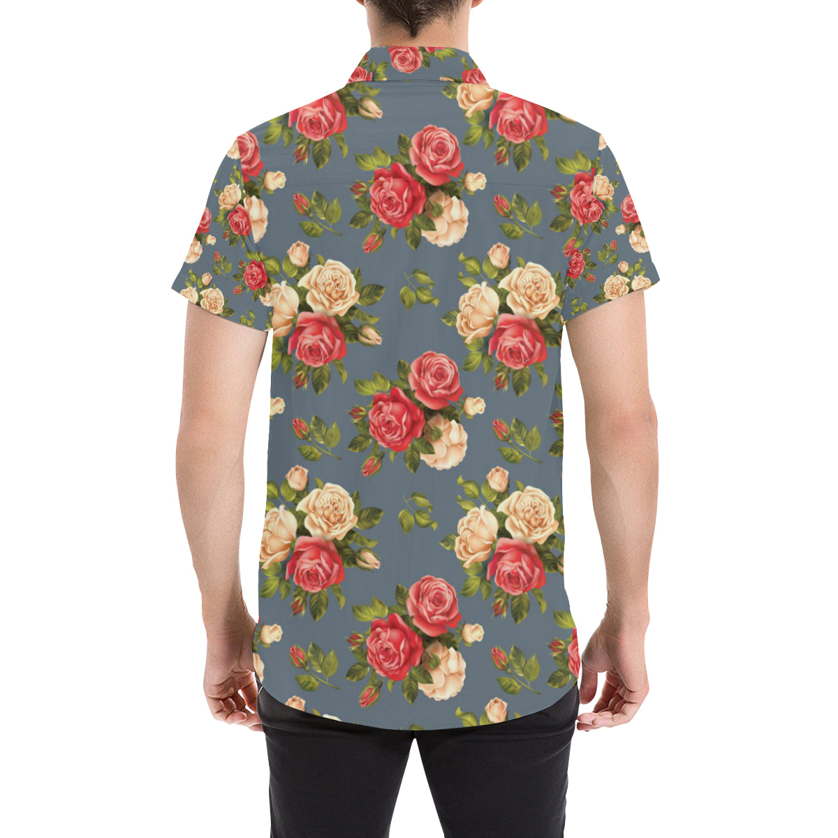 Rose Pattern Print Design RO017 Men's Short Sleeve Button Up Shirt