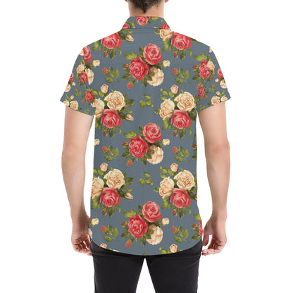 Rose Pattern Print Design RO017 Men's Short Sleeve Button Up Shirt