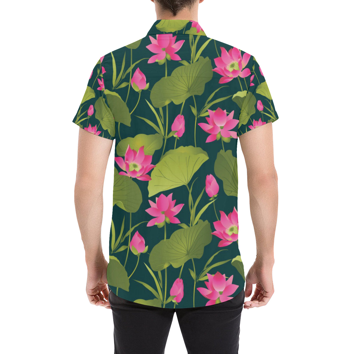Water Lily Pattern Print Design WL09 Men's Short Sleeve Button Up Shirt