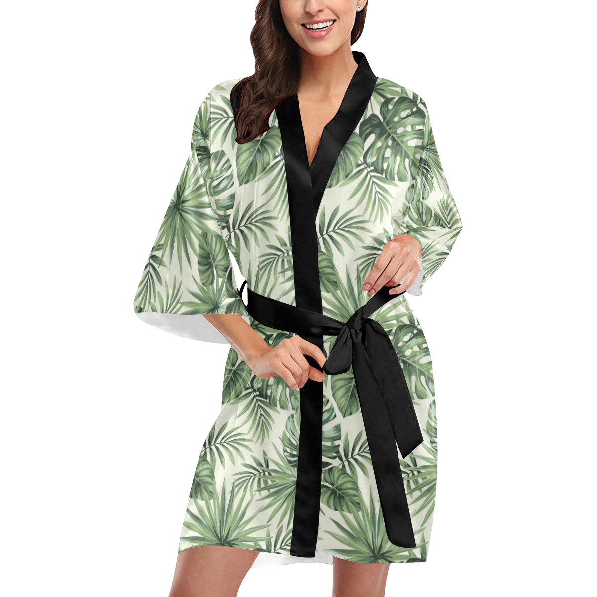 Palm Leaf Pattern Print Design A02 Women's Short Kimono