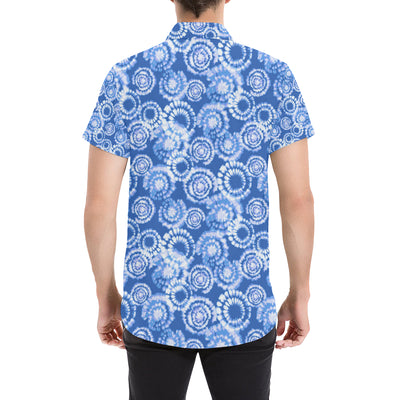 Tie Dye Blue Design Print Men's Short Sleeve Button Up Shirt