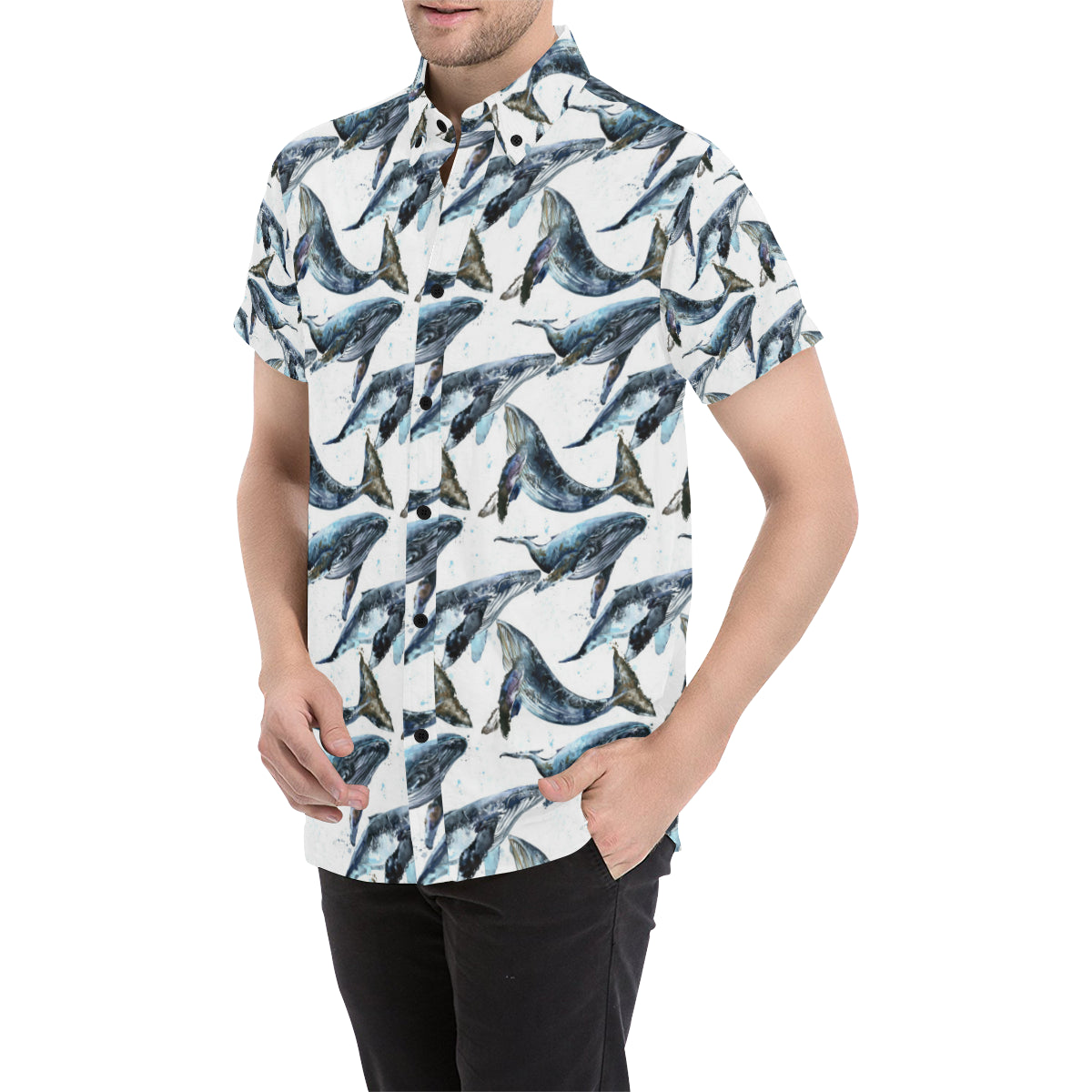 Blue Whale Pattern Print Design 03 Men's Short Sleeve Button Up Shirt