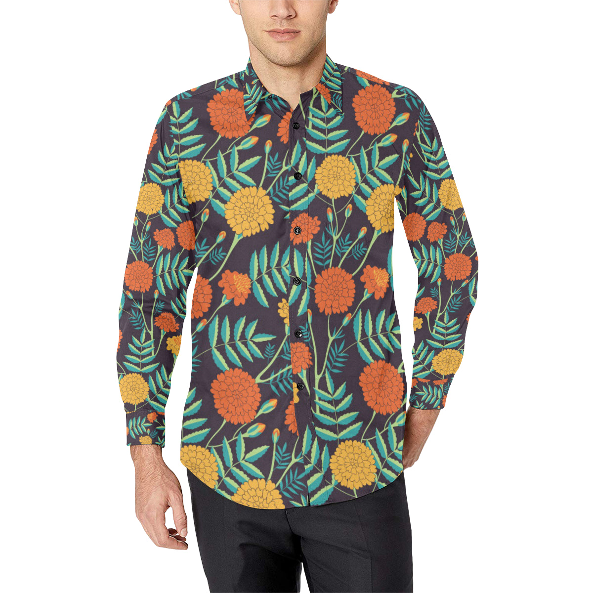 Marigold Pattern Print Design MR01 Men's Long Sleeve Shirt