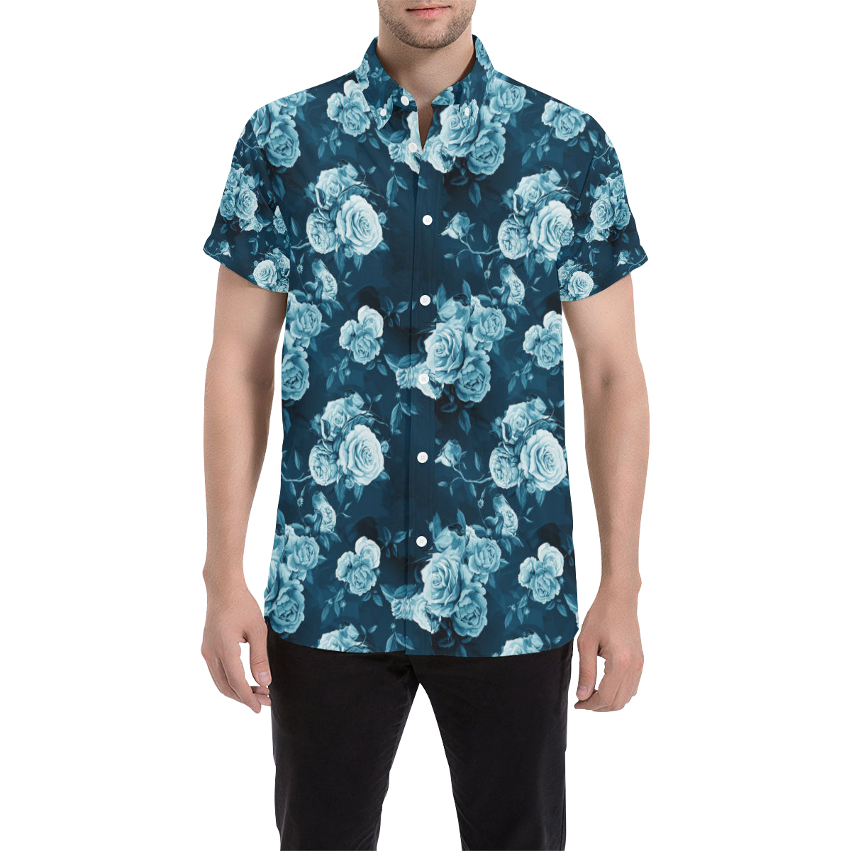 Rose Blue Pattern Print Design RO014 Men's Short Sleeve Button Up Shirt